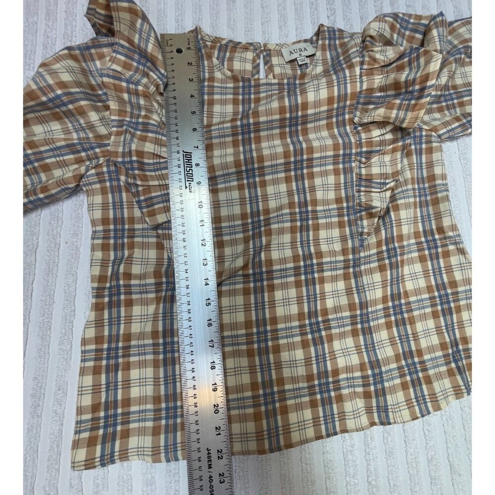 Aura Women's Medium Round Neck Brown Plaid Long Sleeve Ruffle Top Blouse NWOT - Picture 6 of 7